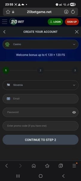 20Bet Casino ustvarite nov račun