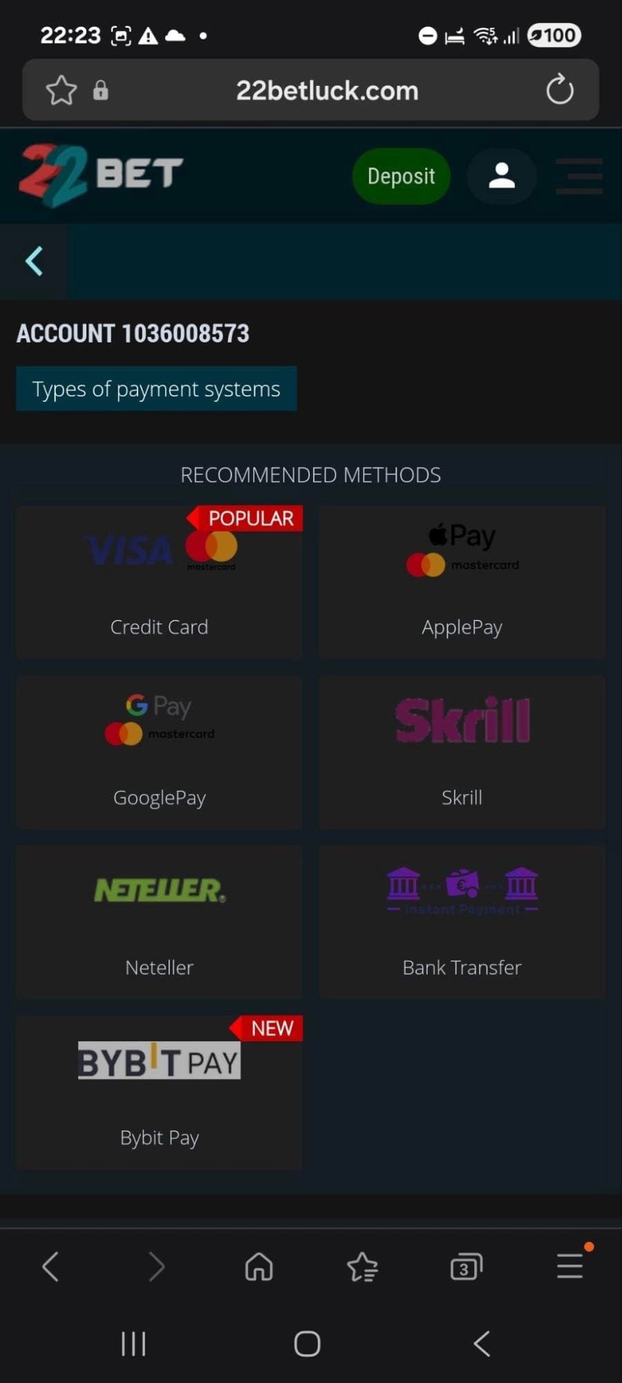 22bet načini plačila