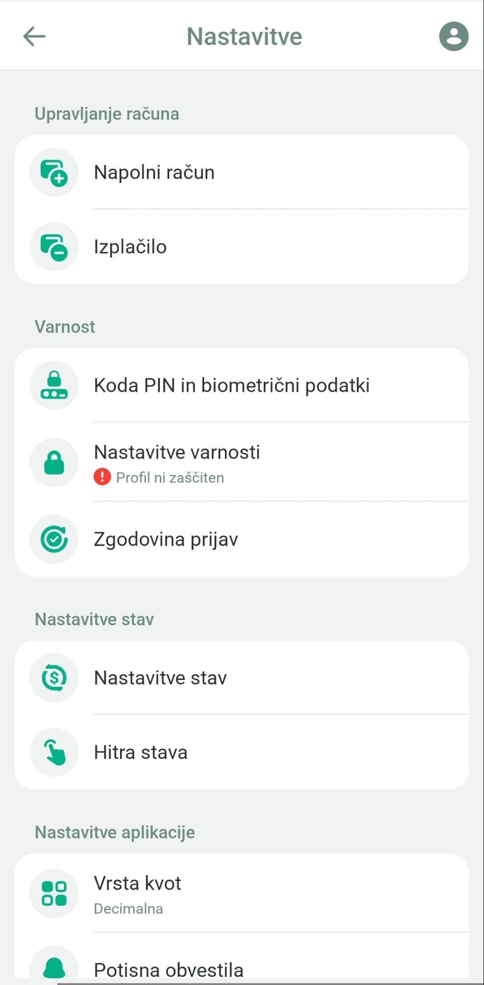 Planbet nastavitve