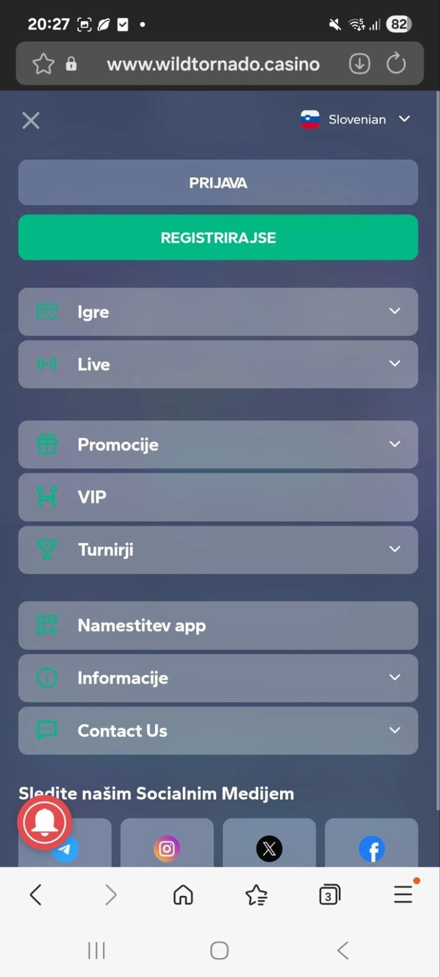 Wild Tornado glavni meni